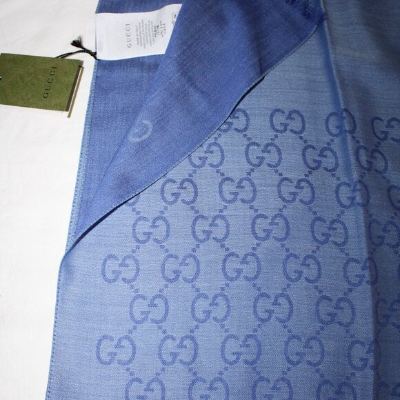 NWT GUCCI Blue Periwinkle Jacquard GG Wool Silk Scarf Unisex - Picture 4 of 7
